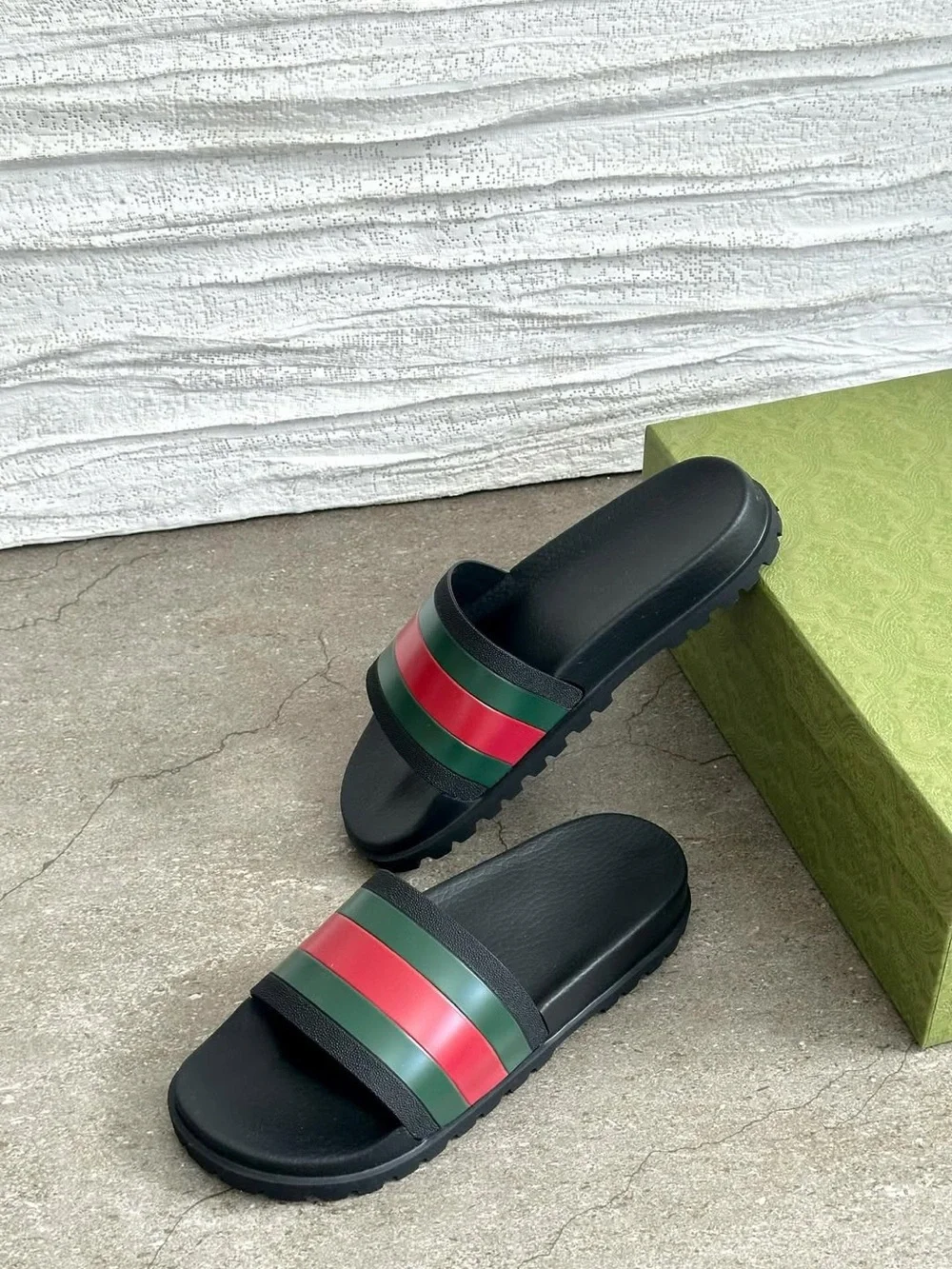 Gucci Black Slides with Green and Red Web Stripe